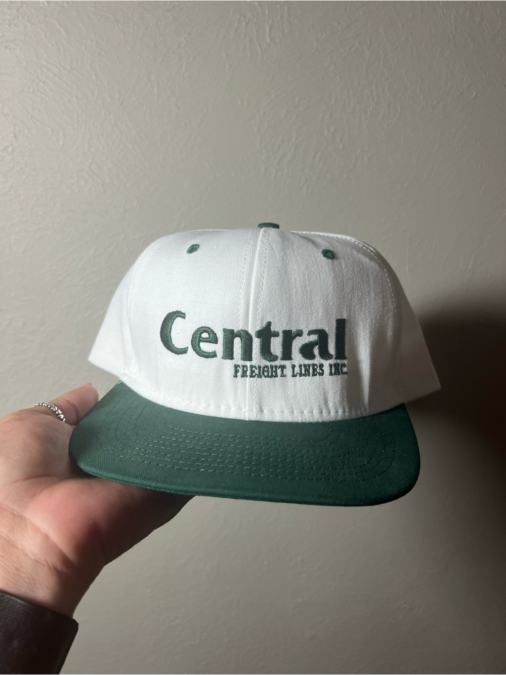 Vintage Central Freight Lines White & Green Embroidered Trucker Snapback Hat Cap